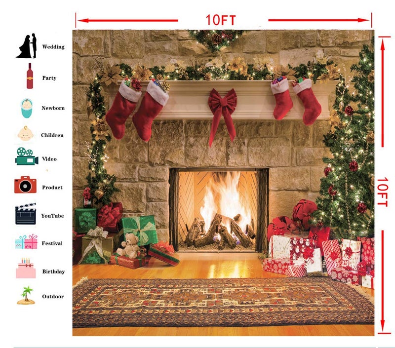 CYLYH 10x10ft Christmas Backdrops Christmas Fireplace Theme Backdrop Tree Sock Decorations for Xmas Party Supplies Photo Background Pictures Banner - Image 2